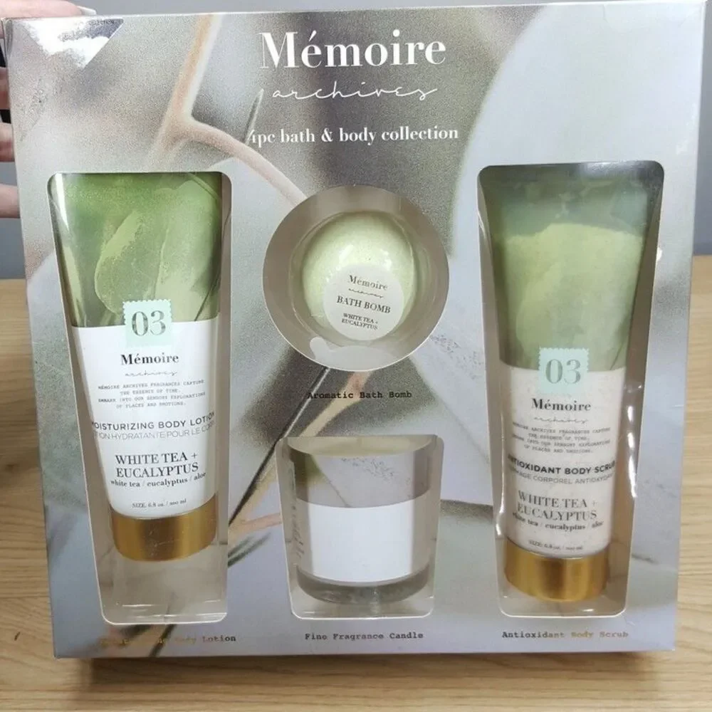 Memoire Archives 4 Piece Bath & Body Set White Tea Eucalyptus Scrub Lotion Bomb